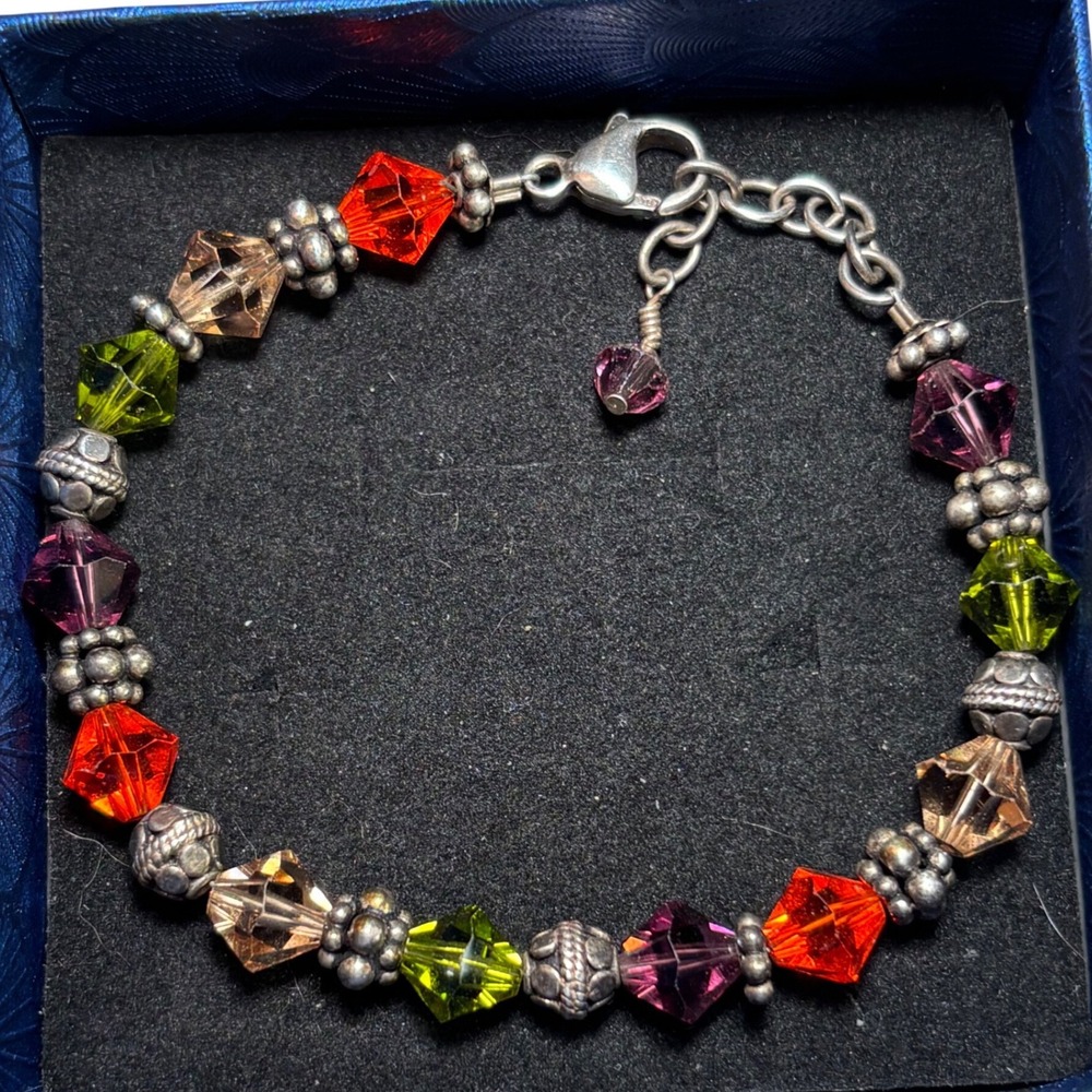 Beaded Bracelet Multicolor Crystals 925 Sterling Silver Bicone Boho Adjustable
